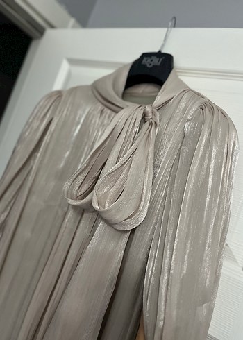 Bej Uzun janjan Elbise, Drapeli, Yüksek Yaka - Görsel 2