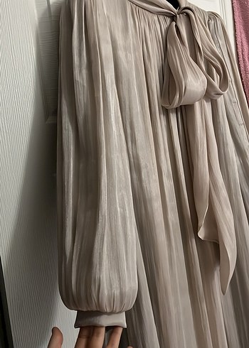 Bej Uzun janjan Elbise, Drapeli, Yüksek Yaka - Görsel 9