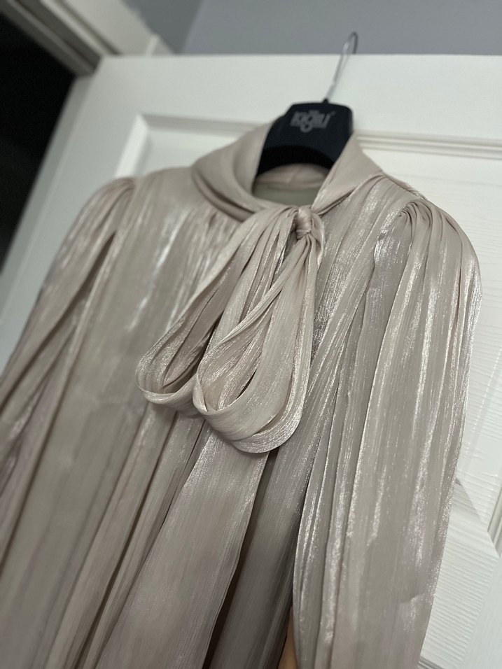 Bej Uzun janjan Elbise, Drapeli, Yüksek Yaka - Görsel 2