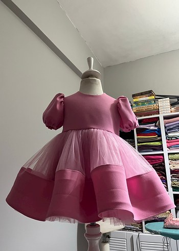 Pembe Tül Detaylı Kız Çocuk Elbise