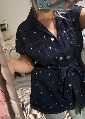 m Beden Düğmeli Kısa Kollu Lacivert Denim Ceket