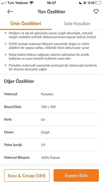 Beden Koltuk örtüsü 180x300