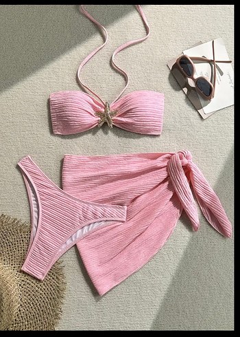 Pembe Pliseli Mini Bikini Takımı