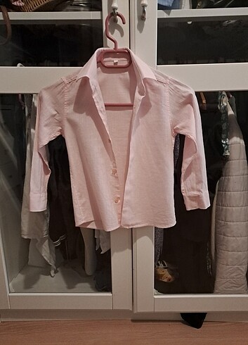 Pembe keten tarzı uzun kollu gömlek