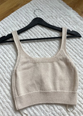 s Beden Bohem Tarz Örme Kolsuz Ekru Mini Crop Top
