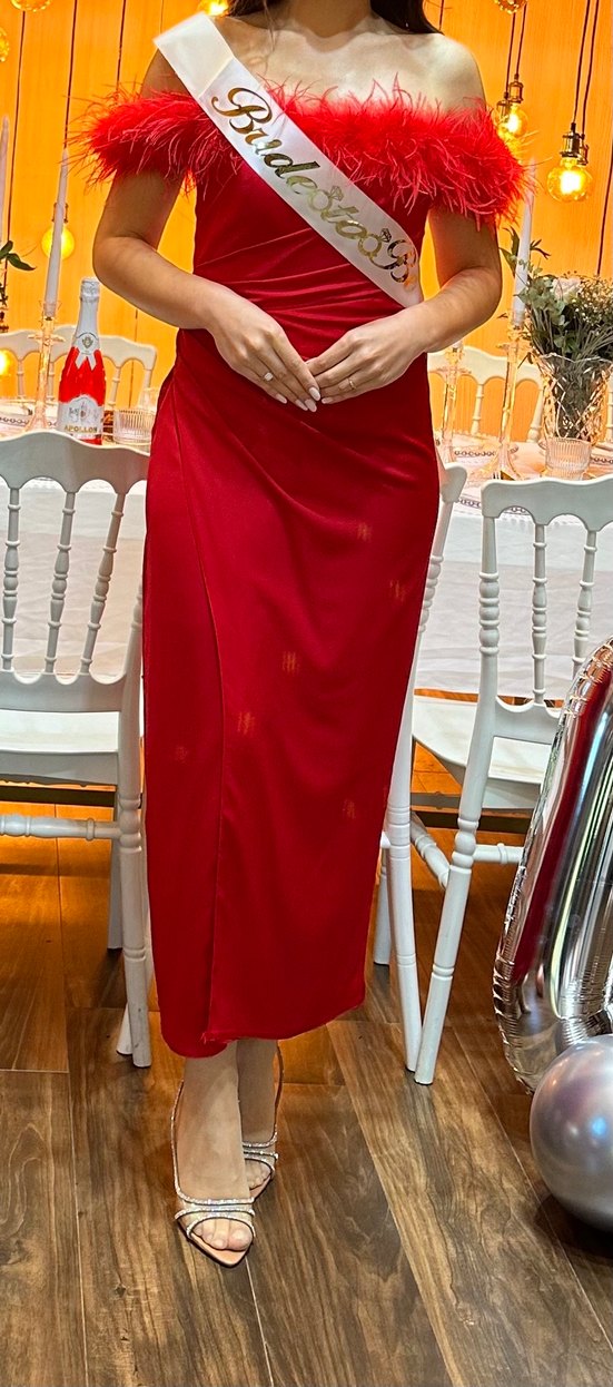 Kırmızı Drapeli Straplez Abiye Elbise - Görsel 3