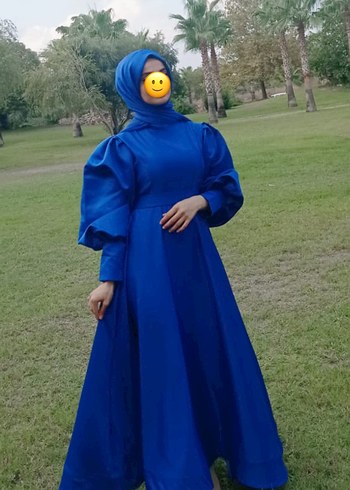 Mavi Uzun Kollu Drapeli Uzun saten abiye