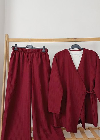 Bordo Kadın Uzun Keten Pilili Kimono Takım