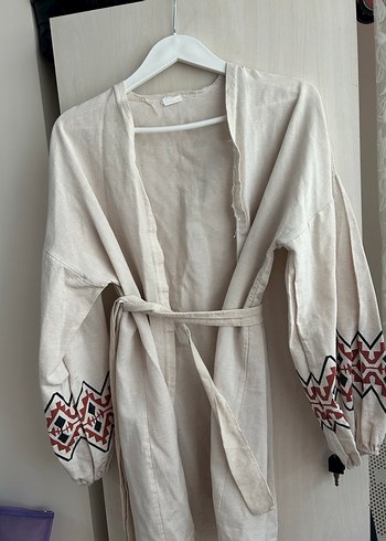 Nakışlı Bohem Uzun Keten Kadın Kimono - Görsel 2