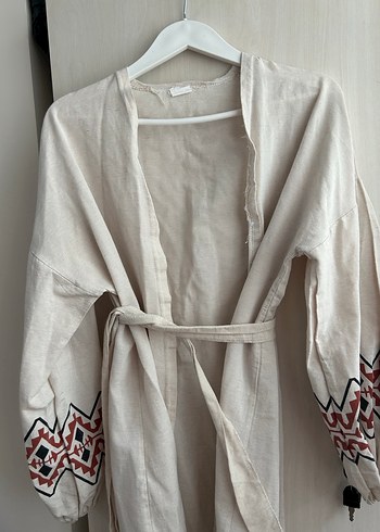 Nakışlı Bohem Uzun Keten Kadın Kimono - Görsel 3