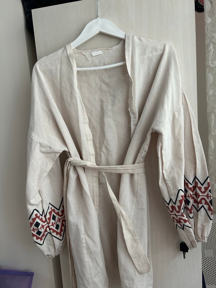 Nakışlı Bohem Uzun Keten Kadın Kimono - Görsel 2