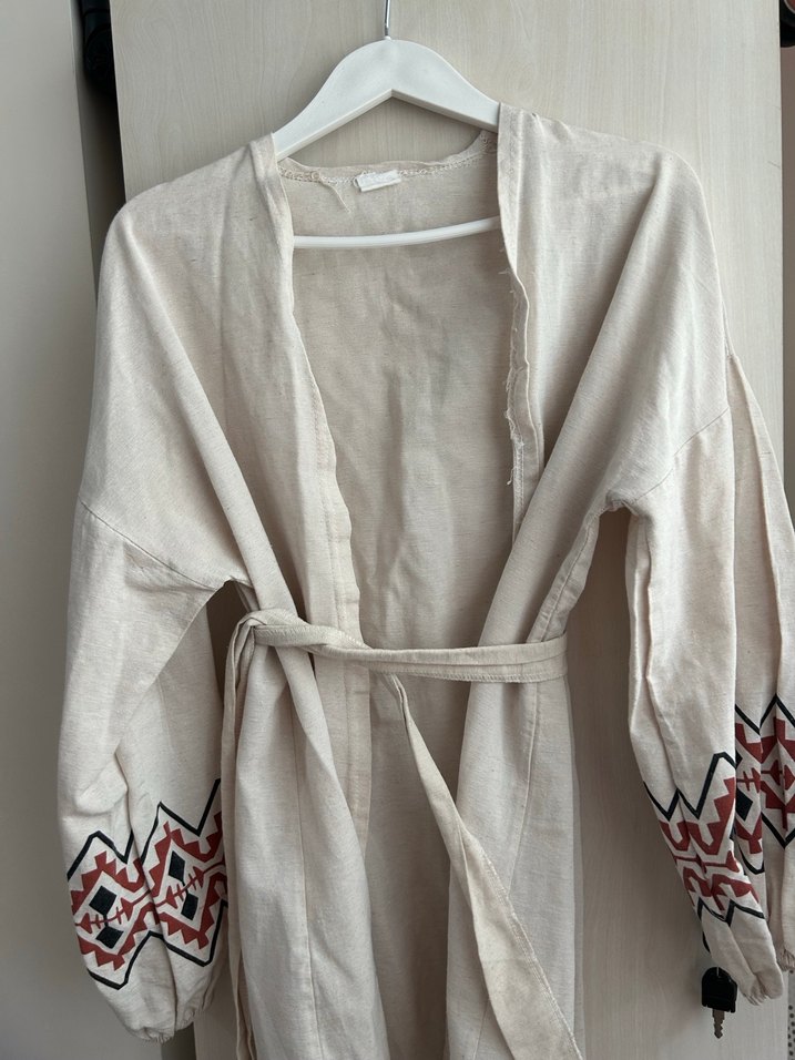 Nakışlı Bohem Uzun Keten Kadın Kimono - Görsel 3