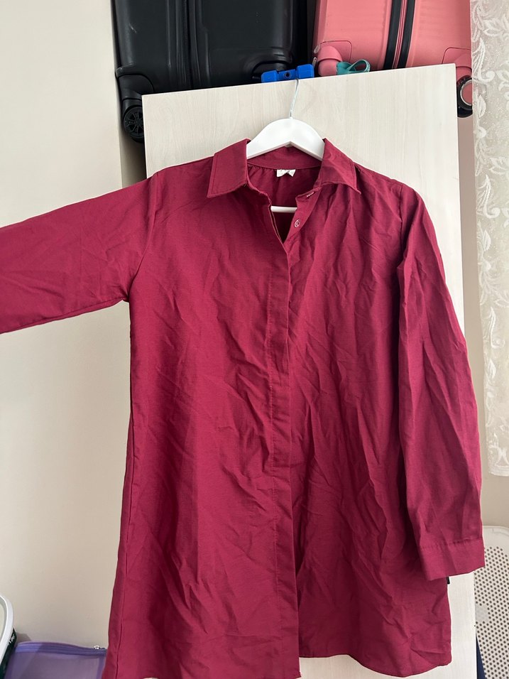 Bordo Uzun Kollu Düğmeli Kadın Gömlek - Görsel 2