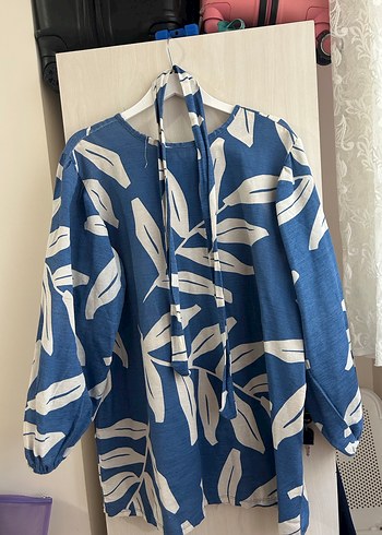 Mavi Desenli V Yaka tunik Bluz - Görsel 2