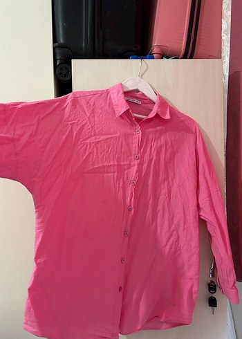 Pembe Keten Bol Kesim Düğmeli Gömlek - Görsel 2