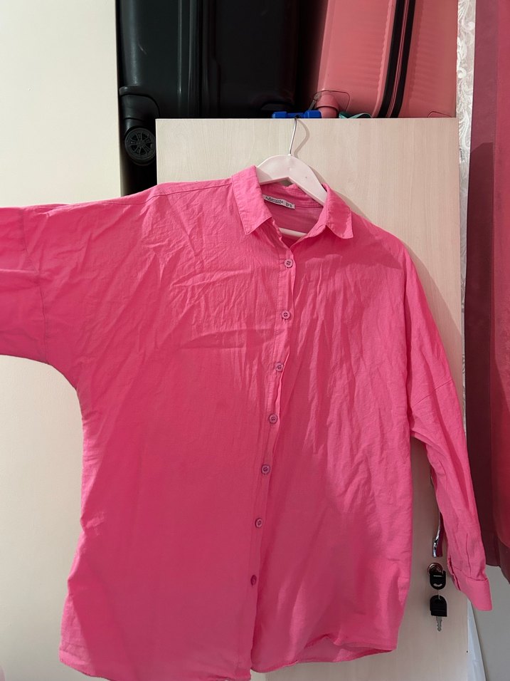 Pembe Keten Bol Kesim Düğmeli Gömlek - Görsel 2