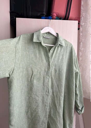 Düğmeli Yeşil Keten Uzun Kollu Gömlek - Görsel 3