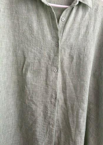 Düğmeli Yeşil Keten Uzun Kollu Gömlek - Görsel 2