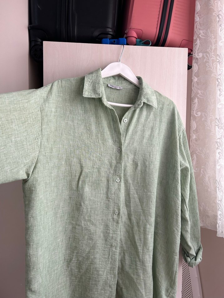 Düğmeli Yeşil Keten Uzun Kollu Gömlek - Görsel 3