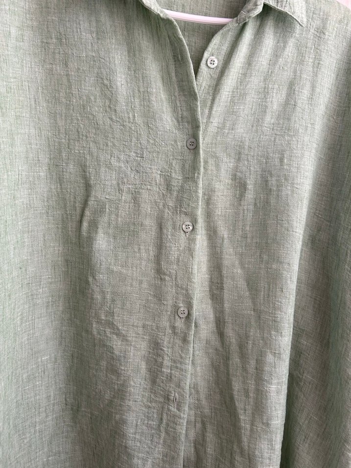 Düğmeli Yeşil Keten Uzun Kollu Gömlek - Görsel 2