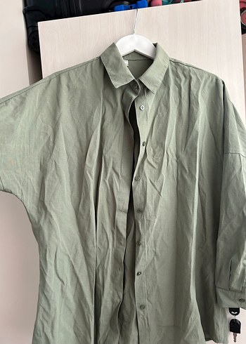 Kadın açık Haki Keten Düğmeli Gömlek - Görsel 2