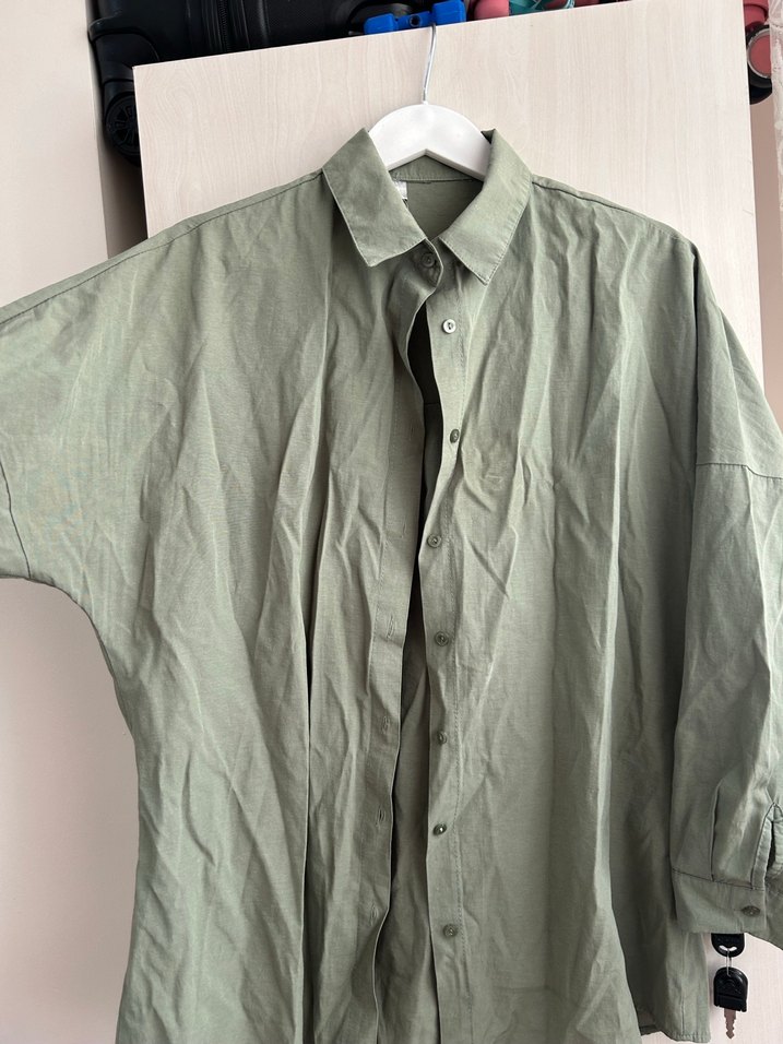 Kadın açık Haki Keten Düğmeli Gömlek - Görsel 2