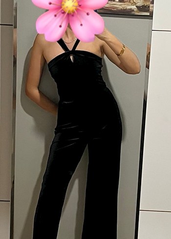 Siyah Straplez uzun kadife Kadın Tulum - Görsel 2