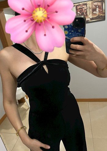 Siyah Straplez uzun kadife Kadın Tulum - Görsel 3