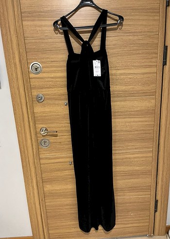 Siyah Straplez uzun kadife Kadın Tulum - Görsel 5