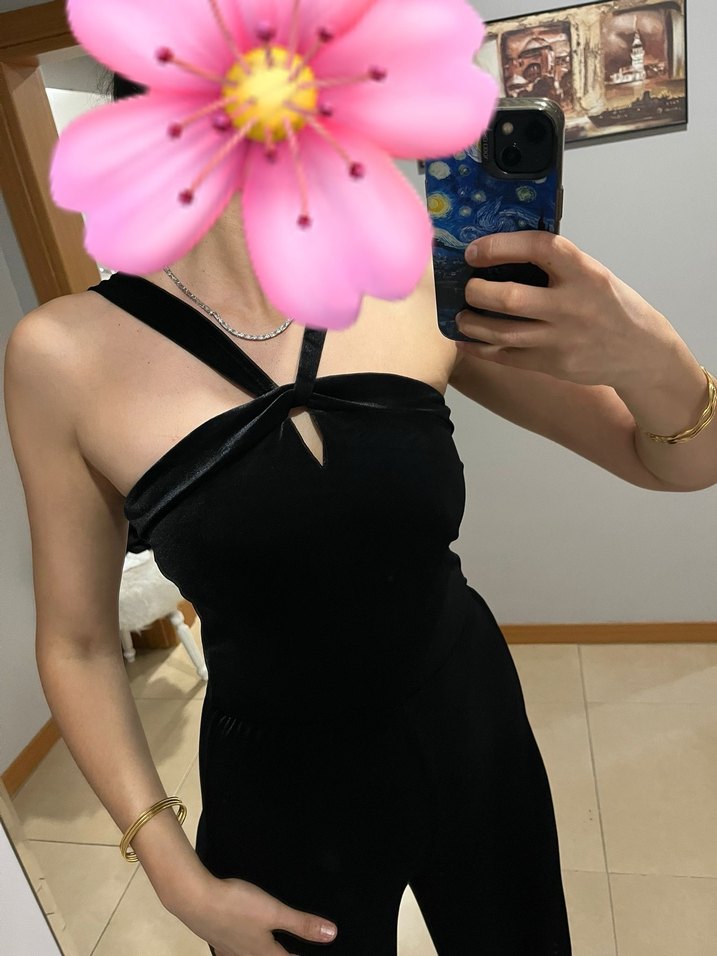 Siyah Straplez uzun kadife Kadın Tulum - Görsel 3