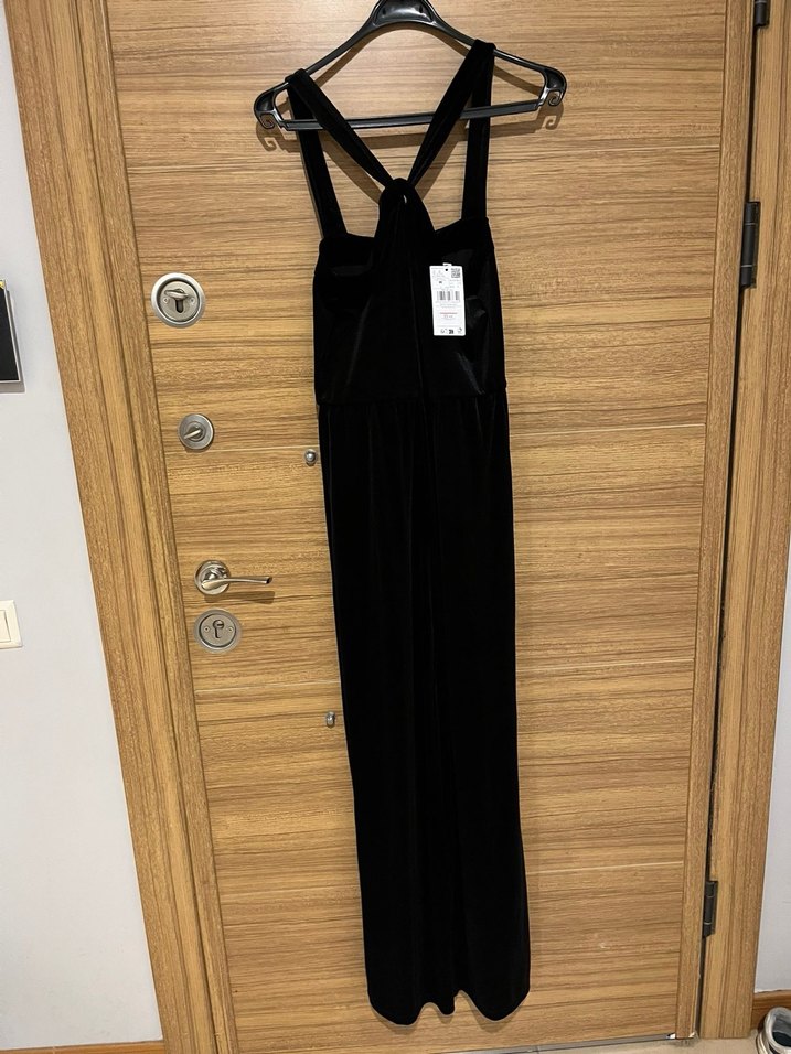 Siyah Straplez uzun kadife Kadın Tulum - Görsel 5