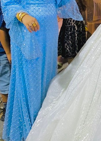 Mavi İşlemeli Uzun Straplez Abiye Elbise - Görsel 2