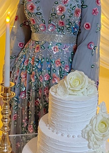 Boncuk İşlemeli Bohem Uzun Gri Abiye Elbise - Görsel 2