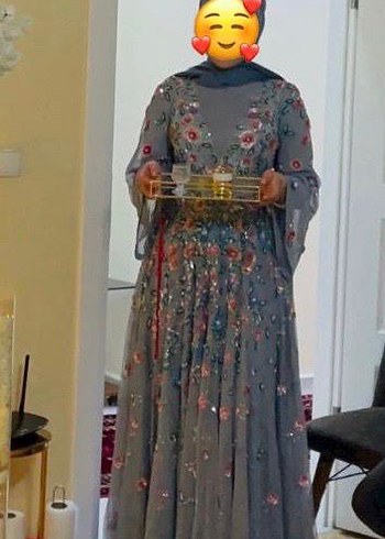 Boncuk İşlemeli Bohem Uzun Gri Abiye Elbise - Görsel 3