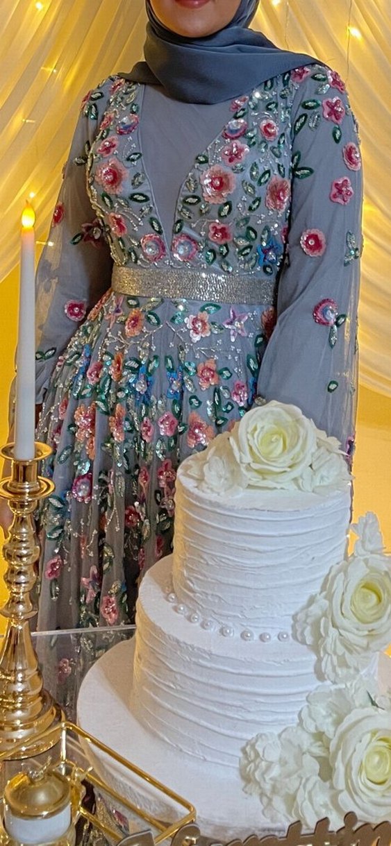 Boncuk İşlemeli Bohem Uzun Gri Abiye Elbise - Görsel 2