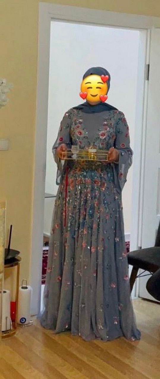 Boncuk İşlemeli Bohem Uzun Gri Abiye Elbise - Görsel 3