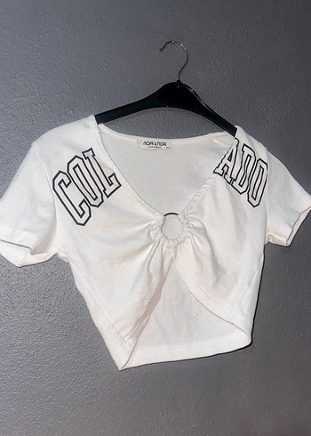 Beyaz Baskılı Crop Top Kadın Tişört - Görsel 2