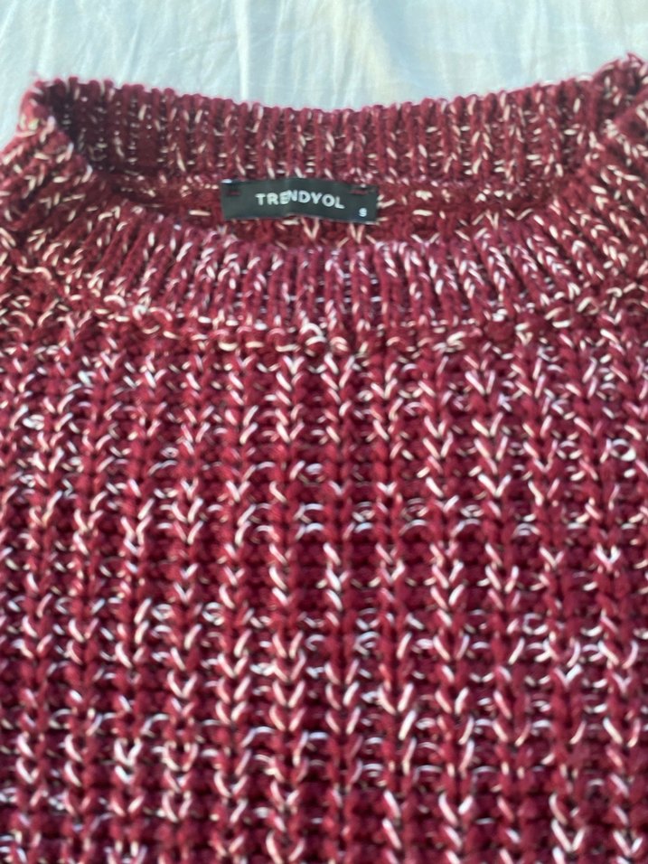 Bordo Uzun Kollu Bohem Örgü Kadın Kazak - Görsel 2