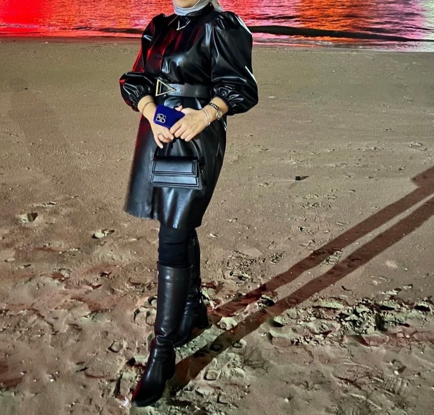 Siyah Parlak Deri Uzun Kadın Ceket Elbise Tunik - Görsel 2