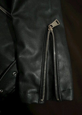 Kadın Siyah Deri Biker Ceket - Görsel 6