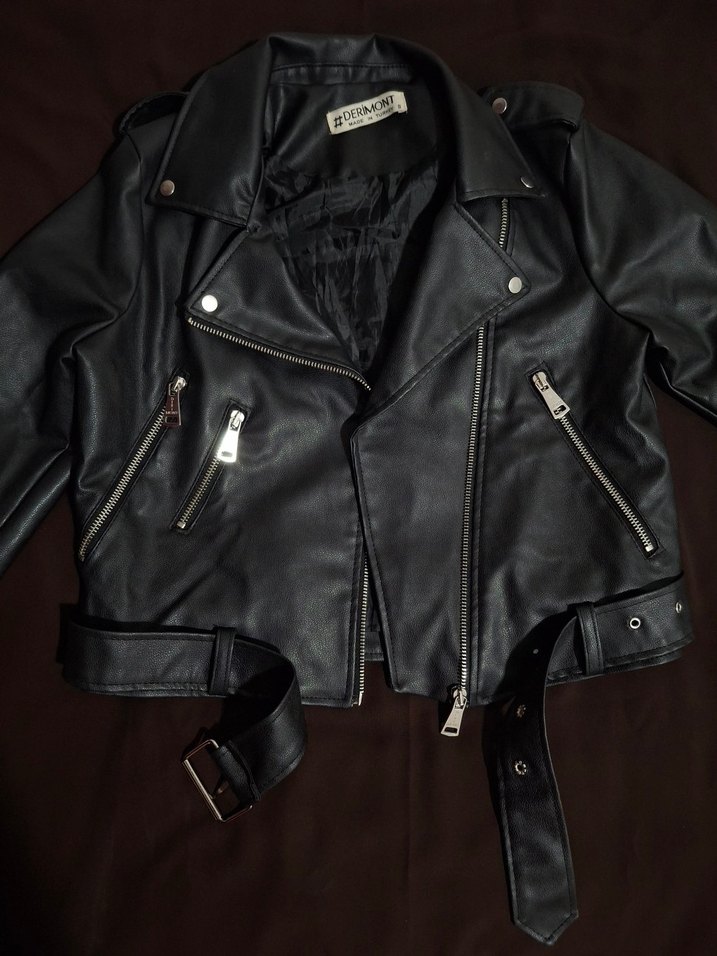 Kadın Siyah Deri Biker Ceket - Görsel 2
