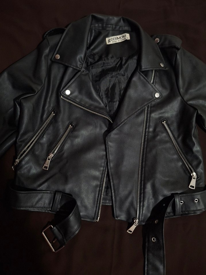 Kadın Siyah Deri Biker Ceket - Görsel 5