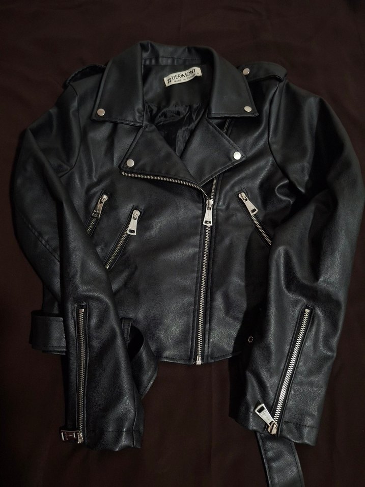 Kadın Siyah Deri Biker Ceket - Görsel 3
