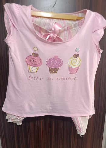 Diğer Pembe Baskılı Kısa Kollu Kadın Pijama Takımı