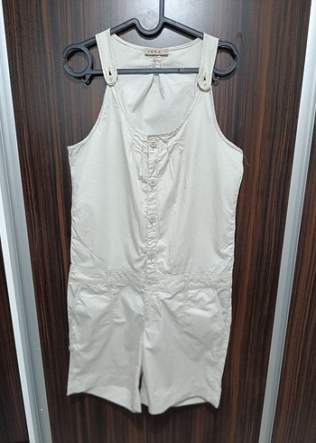 Bej Keten Düğmeli Kolsuz Kadın Tulum - Görsel 3