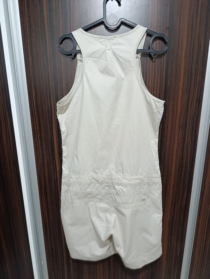 Bej Keten Düğmeli Kolsuz Kadın Tulum - Görsel 5