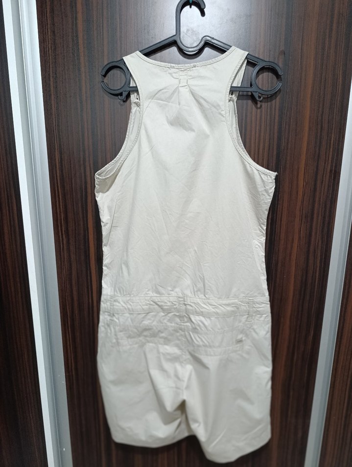 Bej Keten Düğmeli Kolsuz Kadın Tulum - Görsel 2