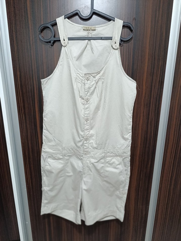 Bej Keten Düğmeli Kolsuz Kadın Tulum - Görsel 3