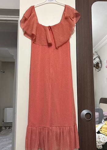 Diğer Pembe Parlak Volanlı Uzun Bohem Elbise