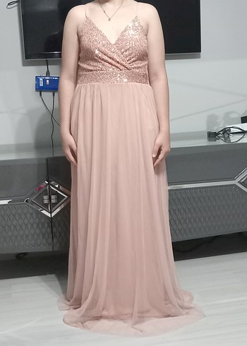 Pudra Pembe Drapeli Straplez Abiye Elbise